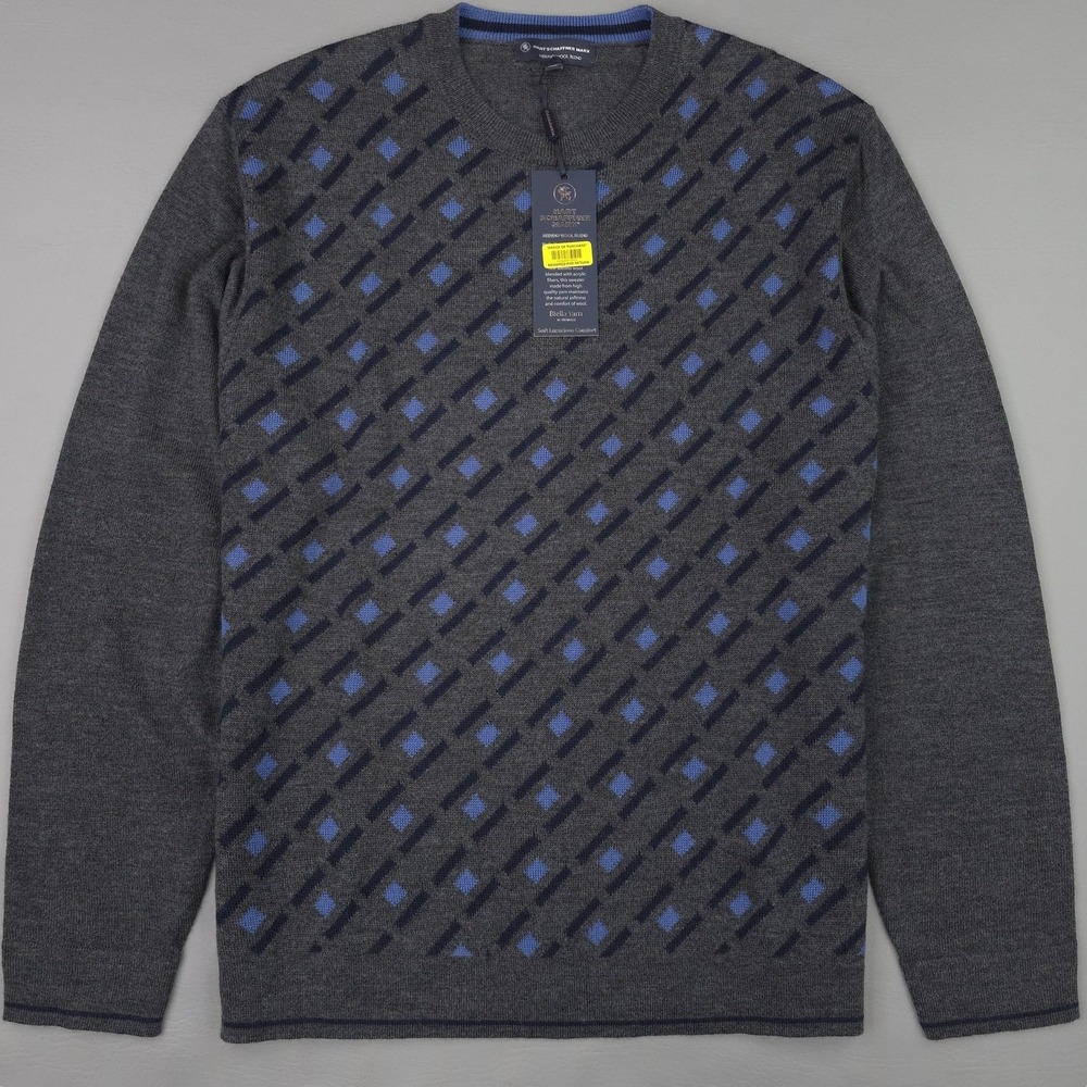 Hart Schaffner Marx Sweater Mens Large Gray Geometric Merino Wool Blend Crewneck
